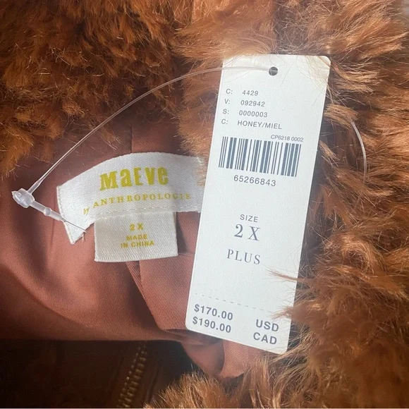 Anthropologie Maeve Teddy Zip-Up Coat Faux Fur Cropped Honey Brown NWT$170 2X